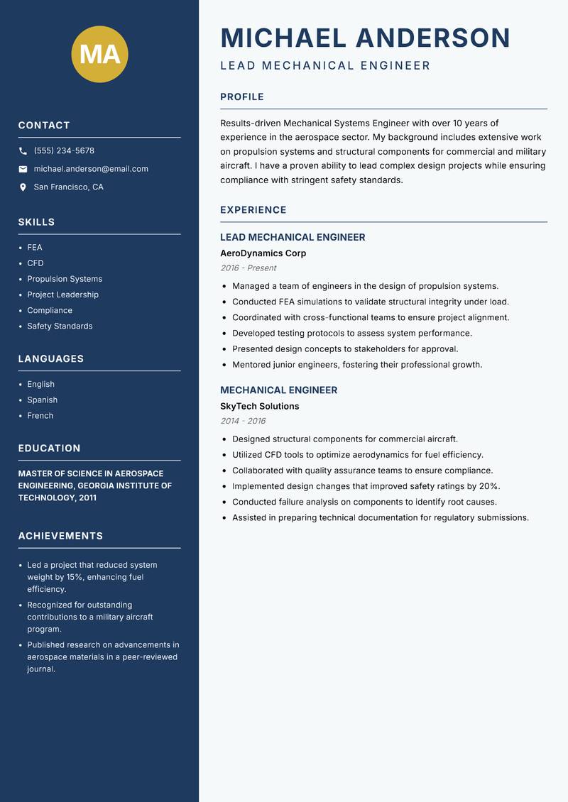 Mechanical Systems Engineer resume template — Classic Clean