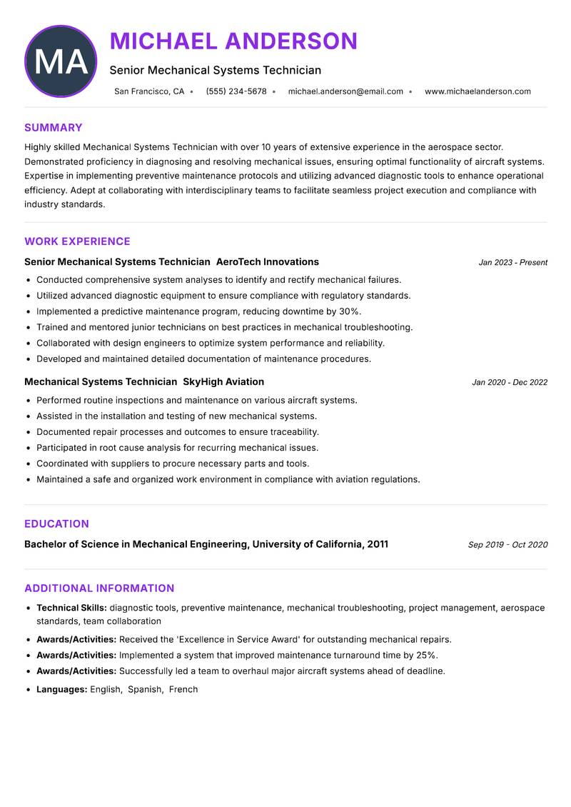 Mechanical Systems Technician resume example — ATS-friendly template