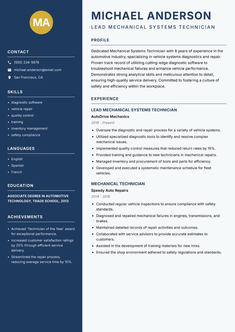 Mechanical Systems Technician resume template — Classic Clean