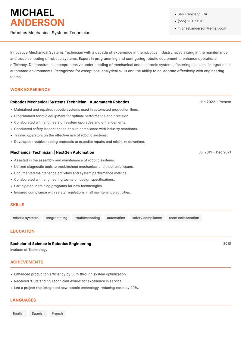 Mechanical Systems Technician resume template — Modern Professional