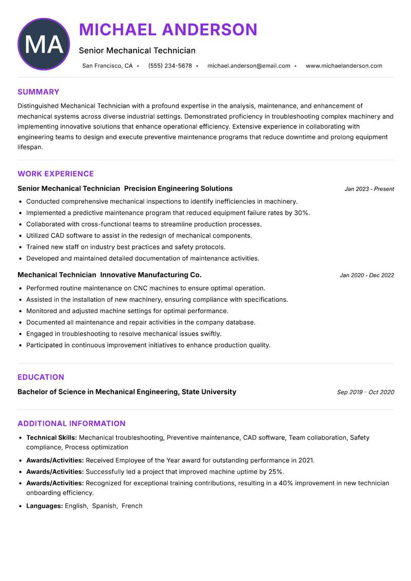 Mechanical Technician resume example — ATS-friendly template