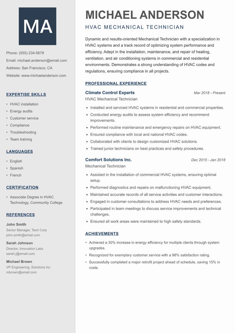 Mechanical Technician resume template — Creative Minimal