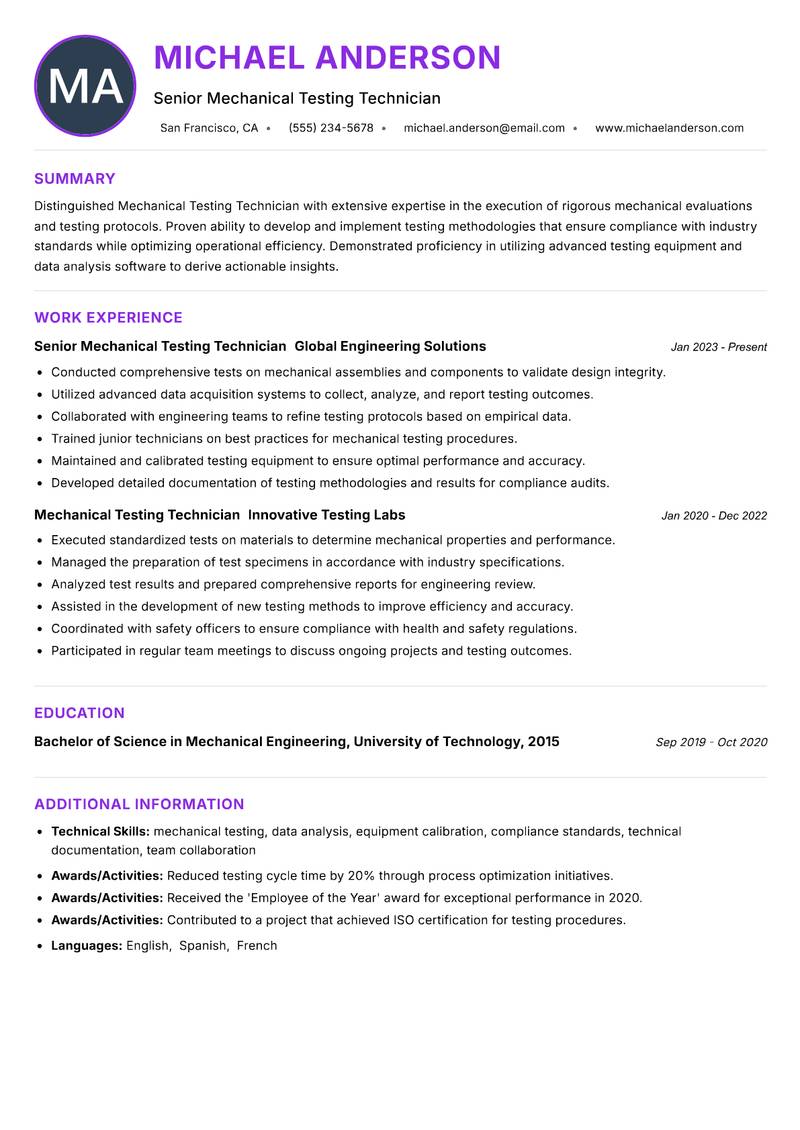 Mechanical Testing Technician resume example — ATS-friendly template