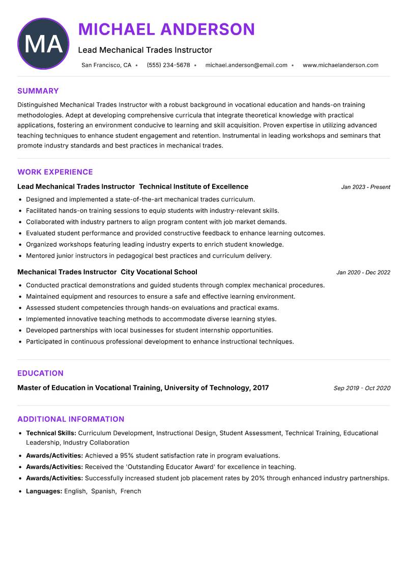 Mechanical Trades Instructor resume example — ATS-friendly template