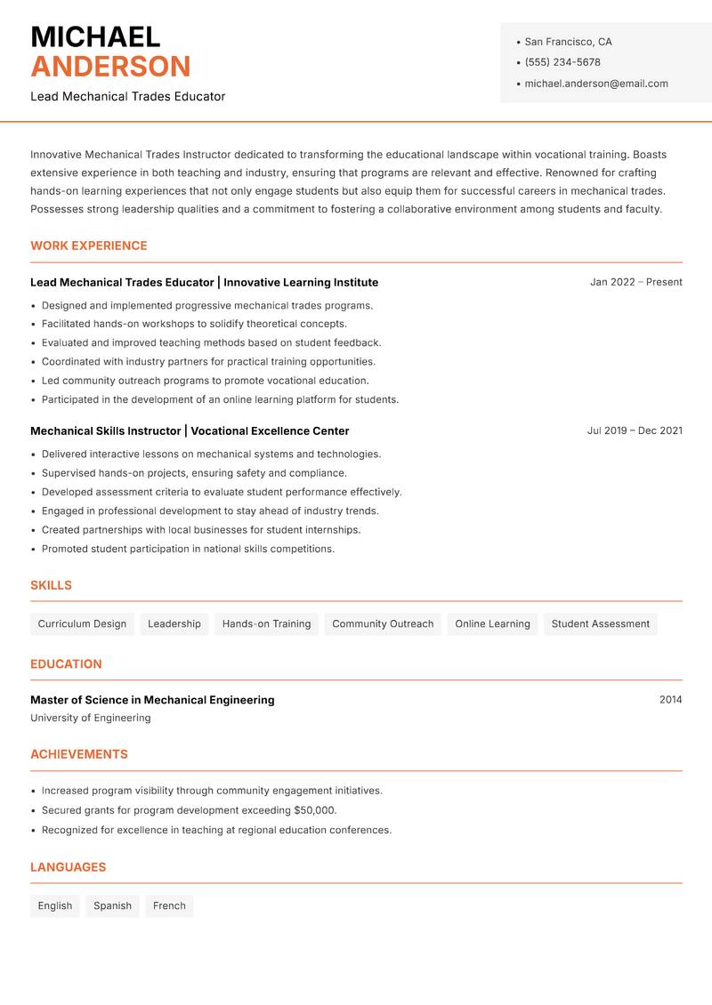 Mechanical Trades Instructor resume template — Modern Professional