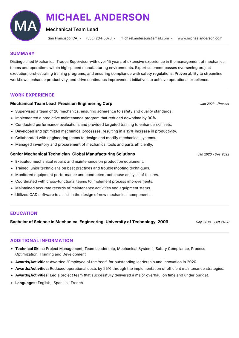 Mechanical Trades Supervisor resume example — ATS-friendly template