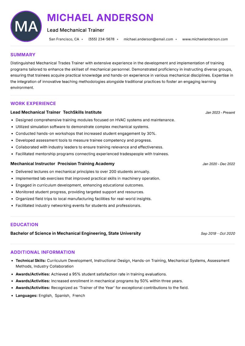Mechanical Trades Trainer resume example — ATS-friendly template