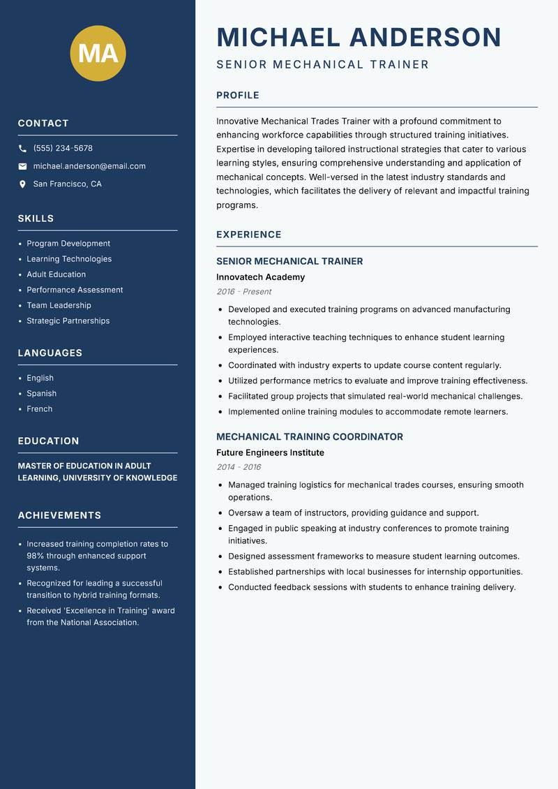 Mechanical Trades Trainer resume template — Classic Clean