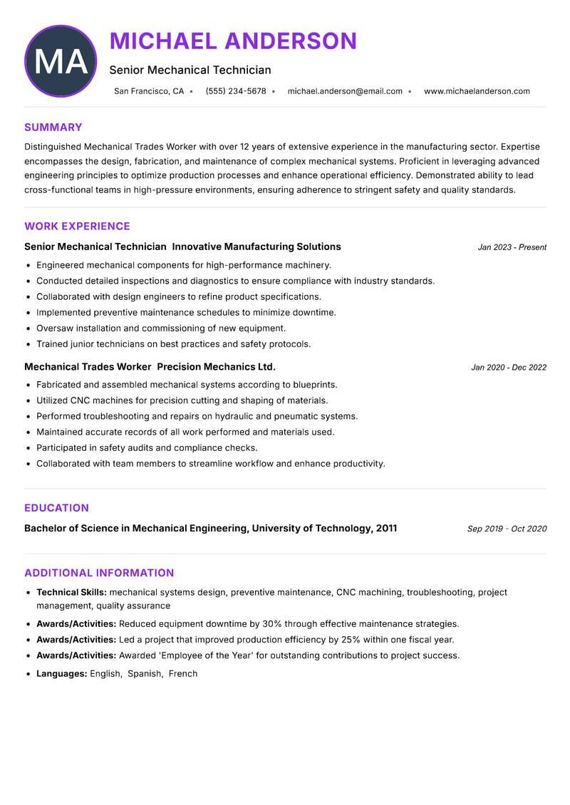 Mechanical Trades Worker resume example — ATS-friendly template