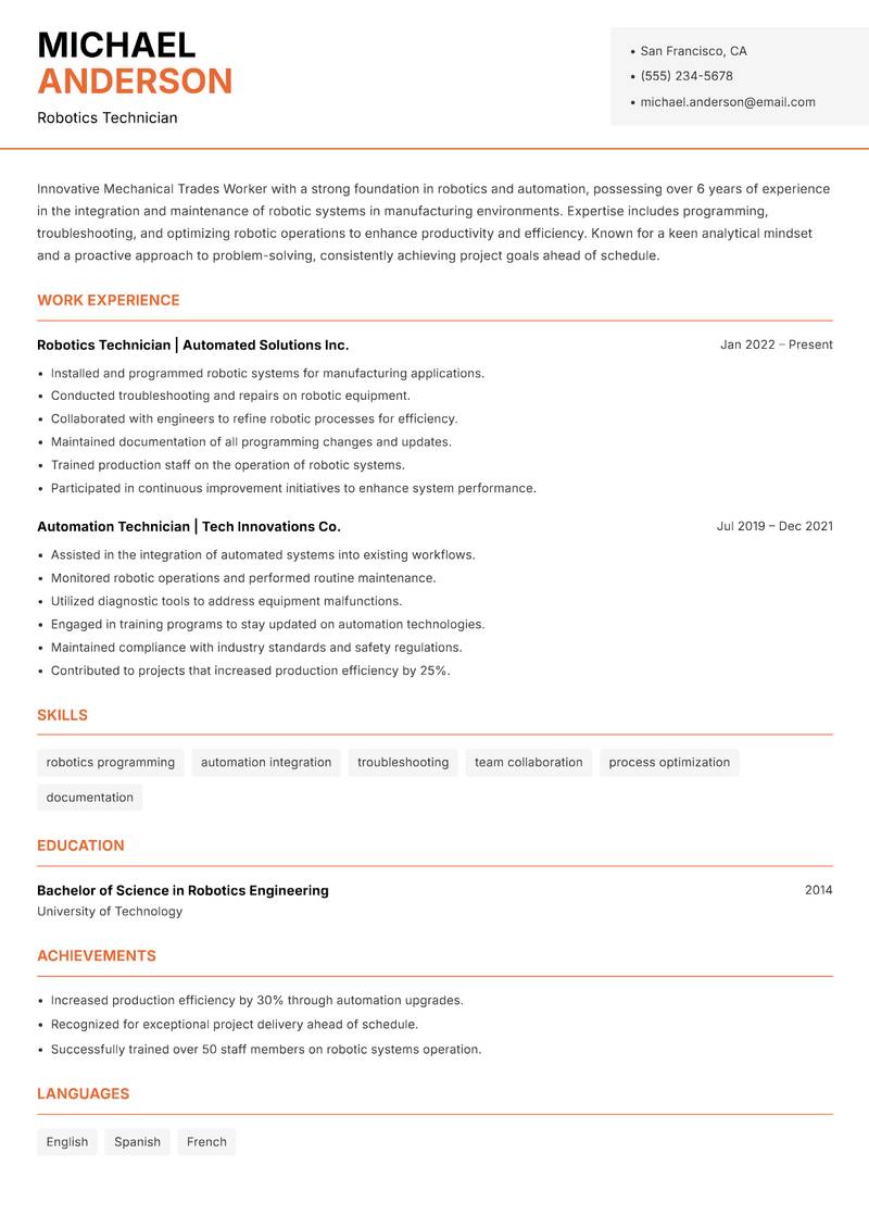 Mechanical Trades Worker resume template — Modern Professional