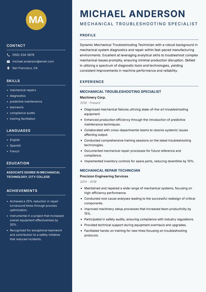 Mechanical Troubleshooting Technician resume template — Classic Clean