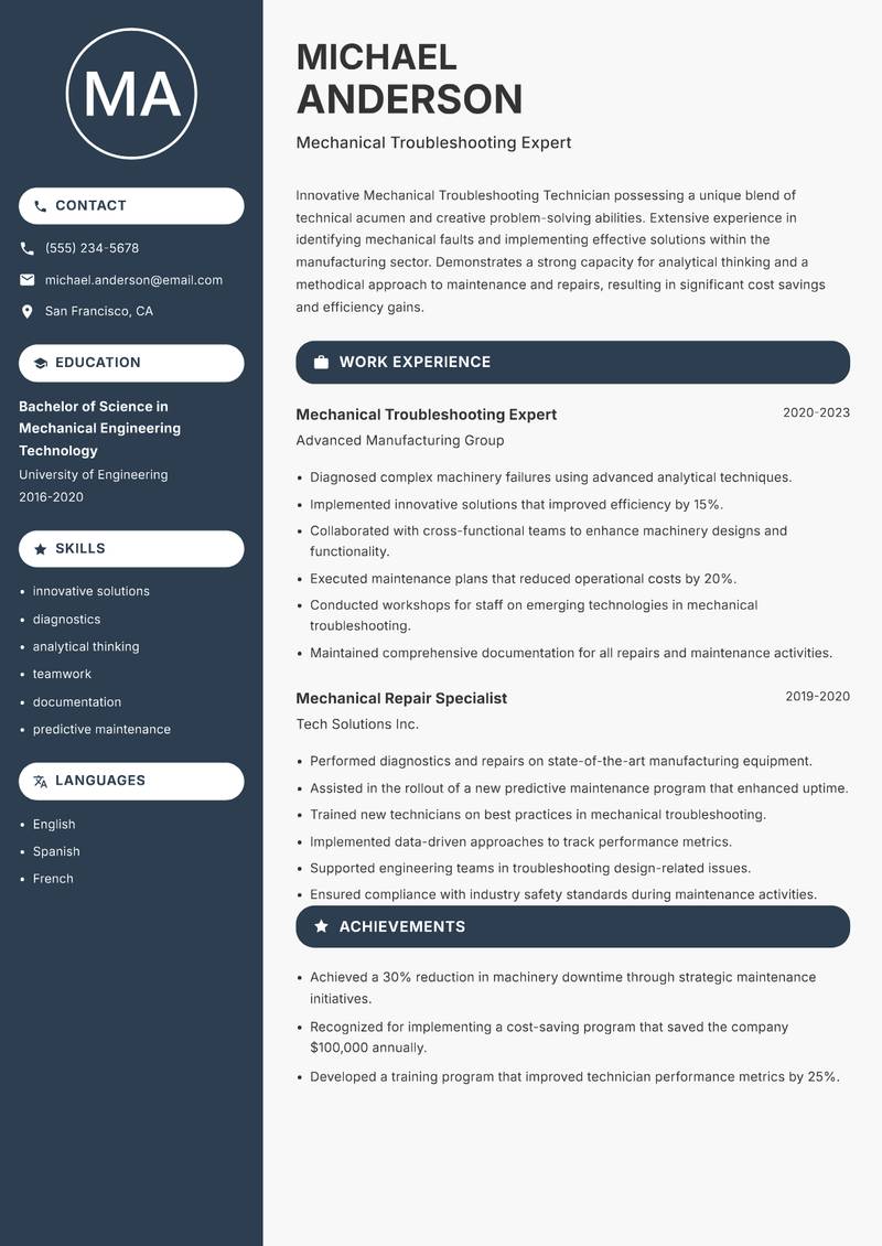 Mechanical Troubleshooting Technician resume template — Compact