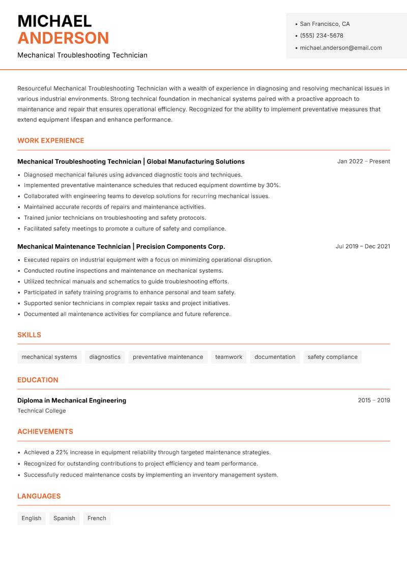 Mechanical Troubleshooting Technician resume template — Modern Professional