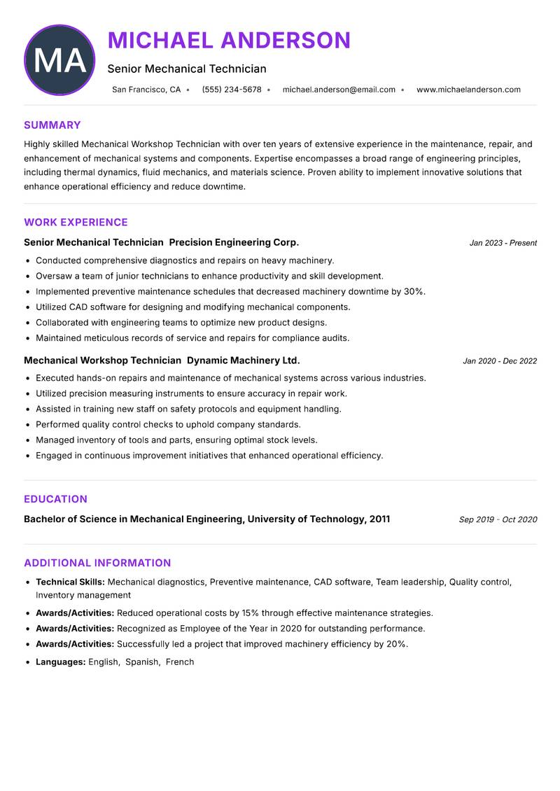 Mechanical Workshop Technician resume example — ATS-friendly template