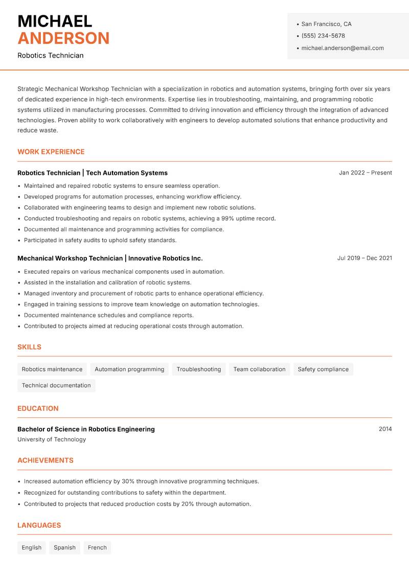 Mechanical Workshop Technician resume template — Modern Professional