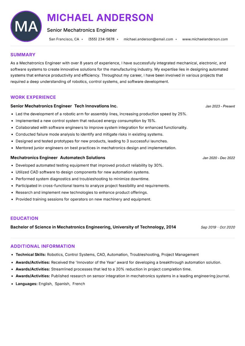 Mechatronics Engineer resume example — ATS-friendly template