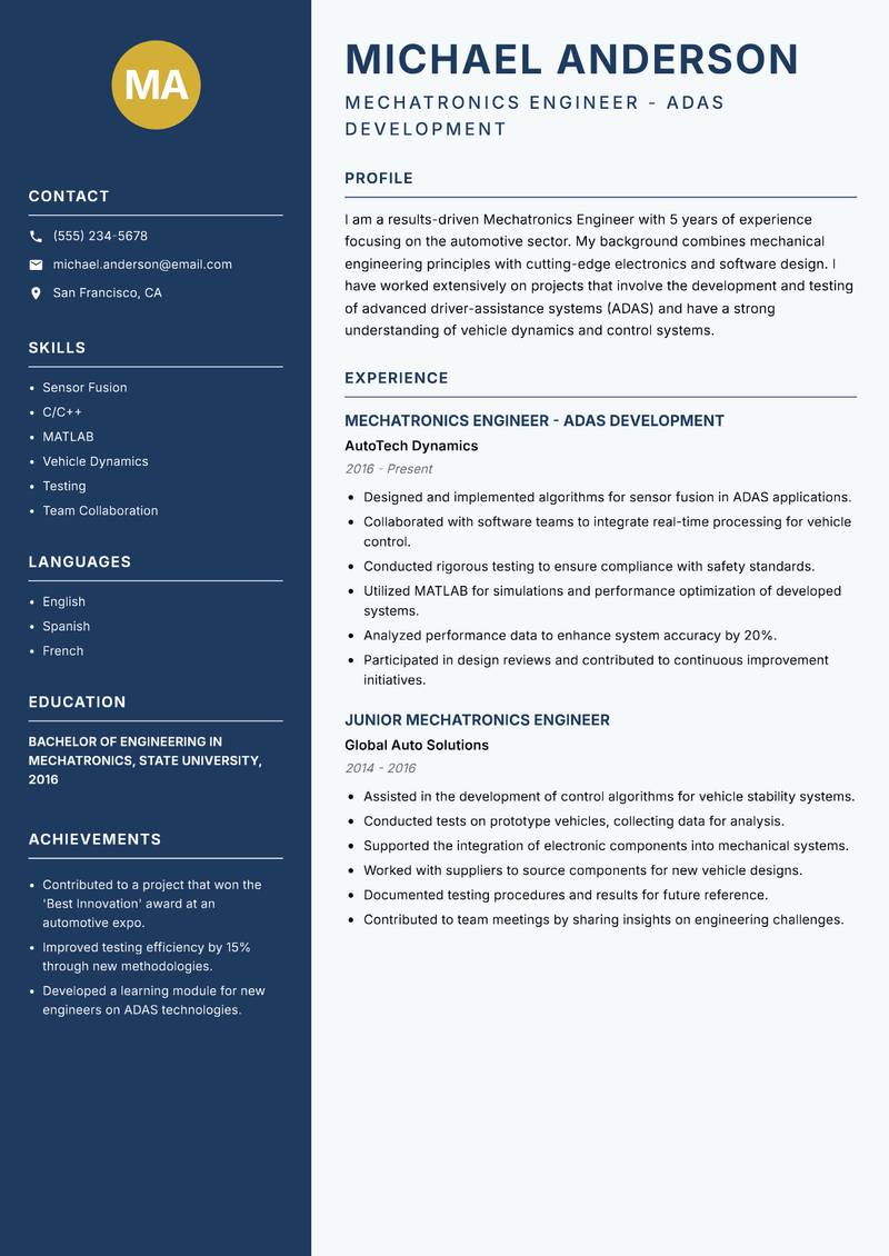 Mechatronics Engineer resume template — Classic Clean