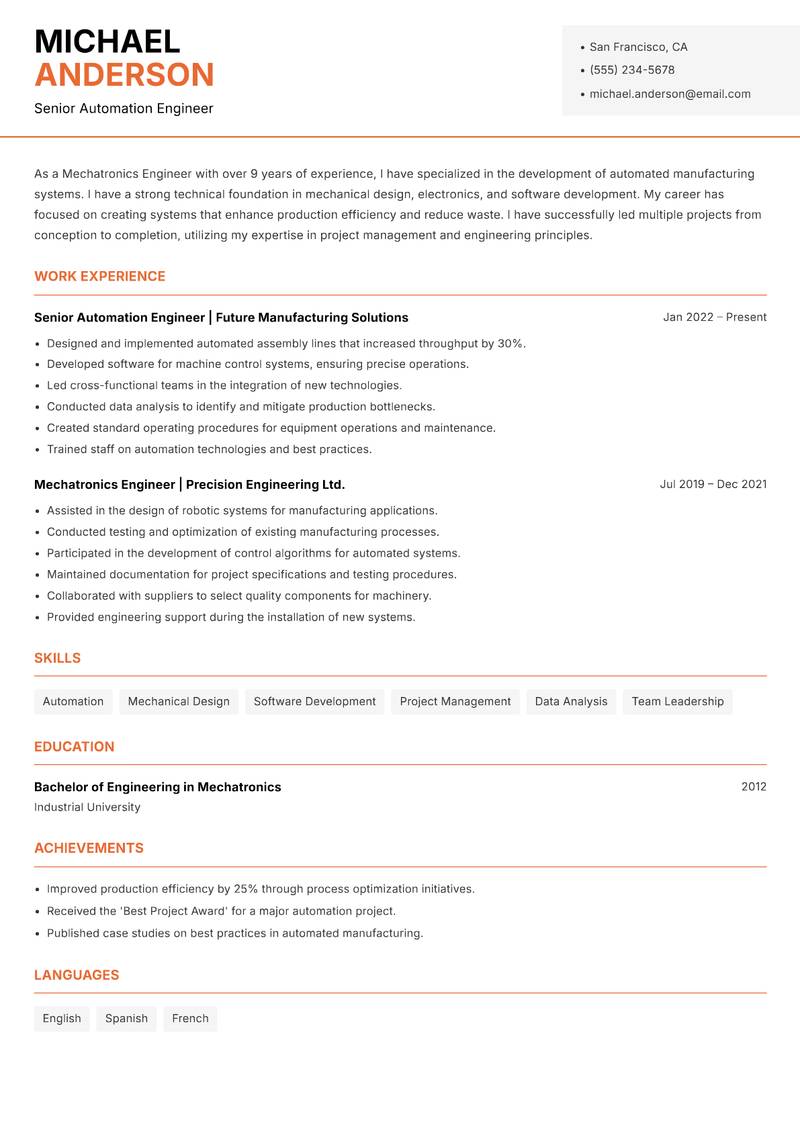Mechatronics Engineer resume template — Modern Professional
