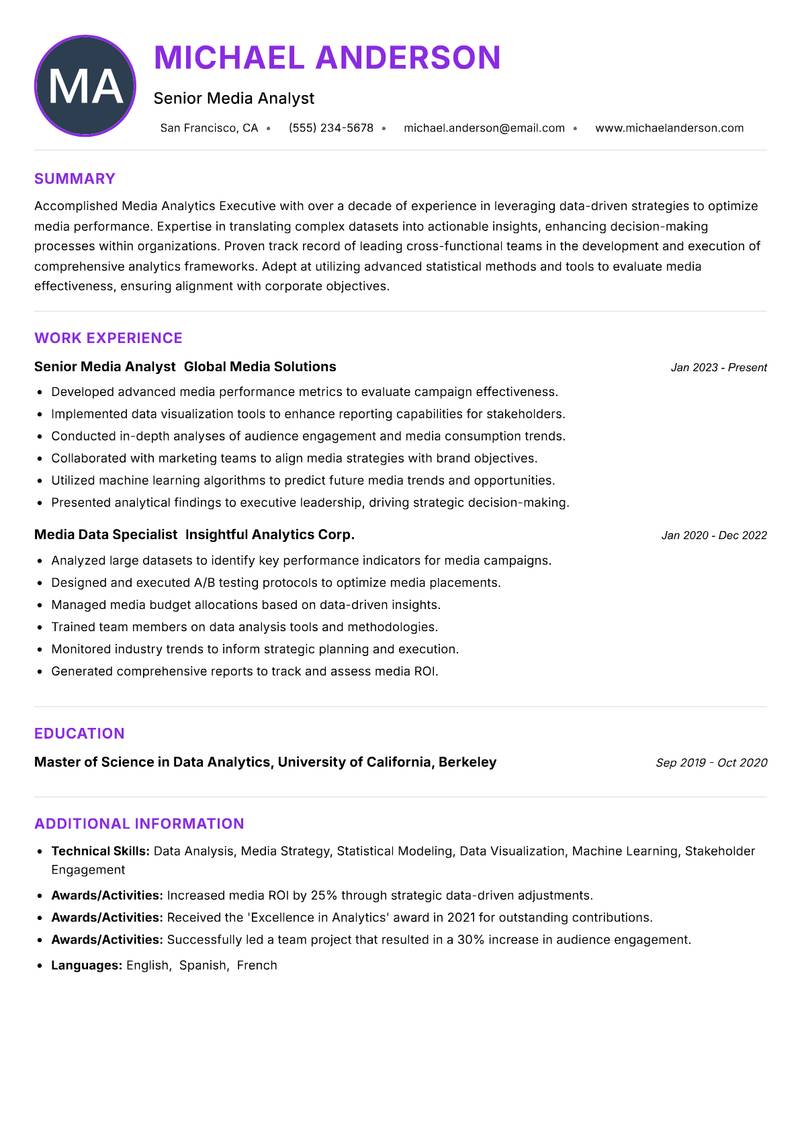 Media Analytics Executive resume example — ATS-friendly template