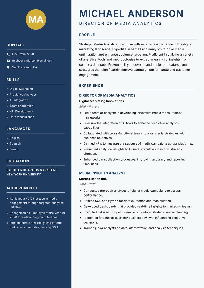 Media Analytics Executive resume template — Classic Clean