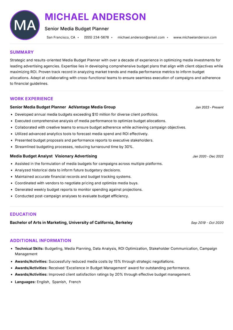 Media Budget Planner resume example — ATS-friendly template