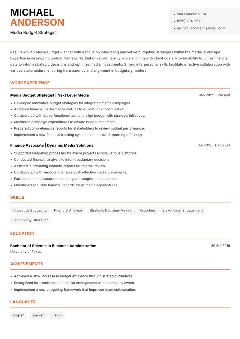 Media Budget Planner resume template — Modern Professional