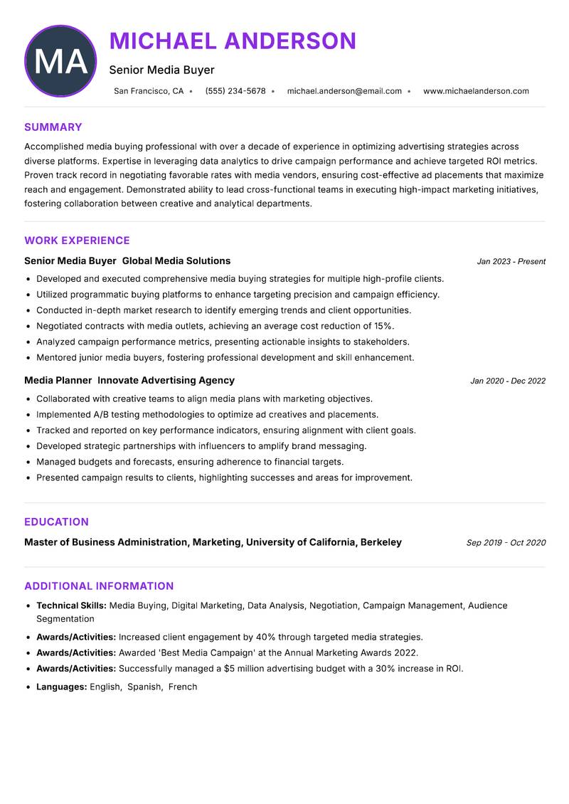 Media Buyer resume example — ATS-friendly template