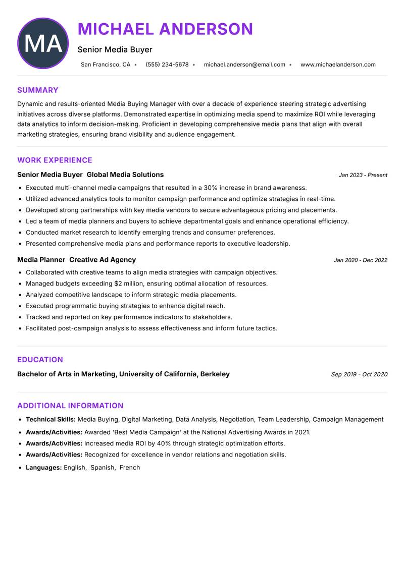 Media Buying Manager resume example — ATS-friendly template