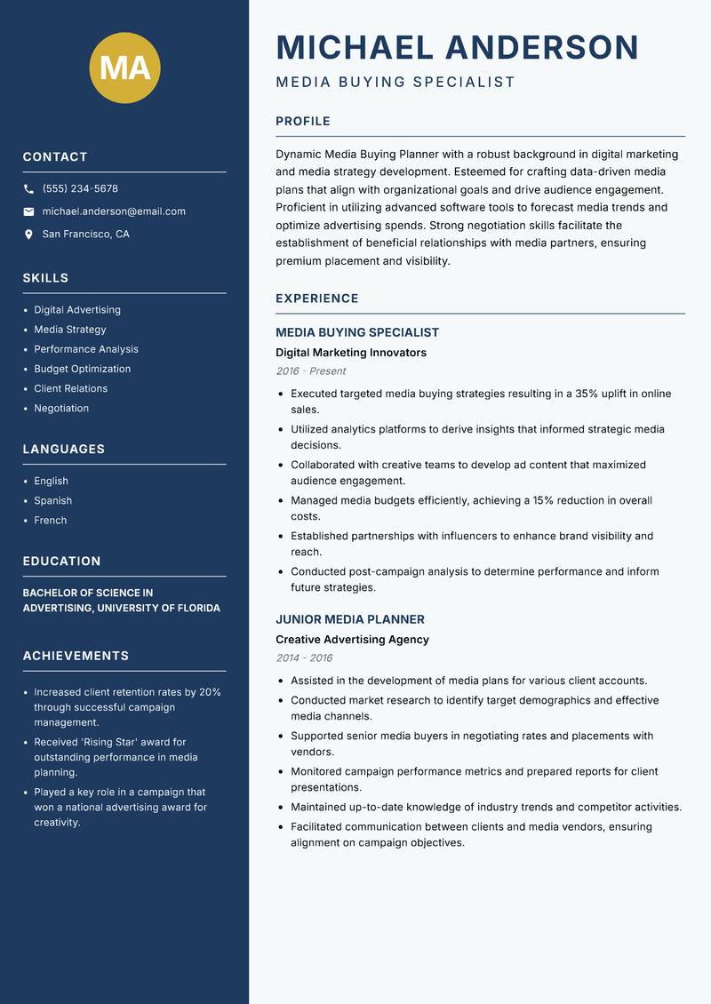Media Buying Planner resume template — Classic Clean