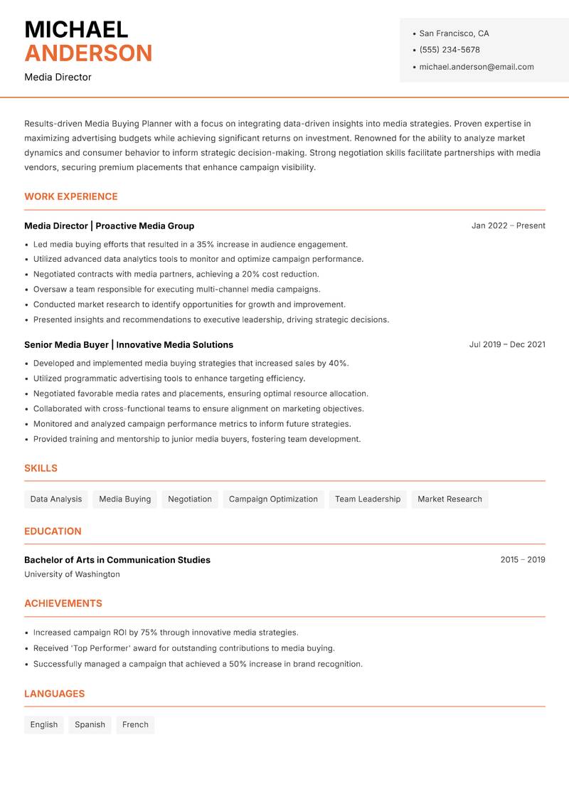 Media Buying Planner resume template — Modern Professional