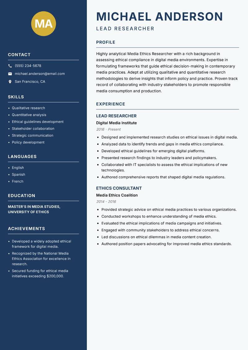 Media Ethics Researcher resume template — Classic Clean