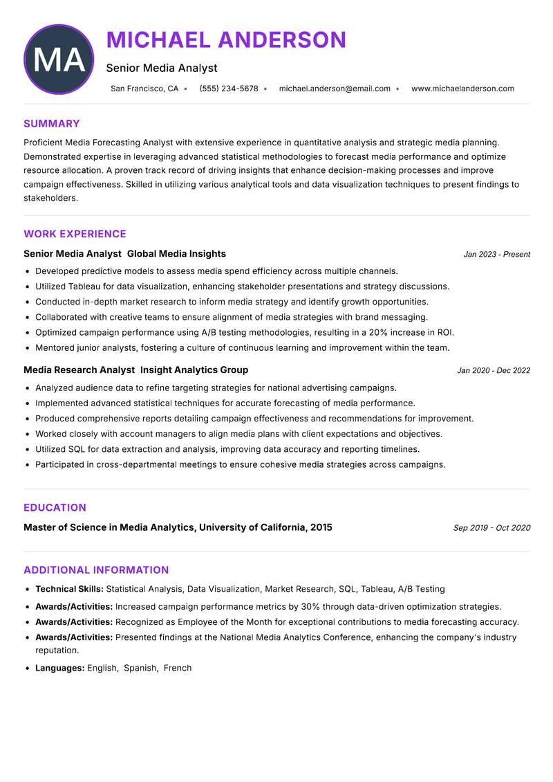 Media Forecasting Analyst resume example — ATS-friendly template