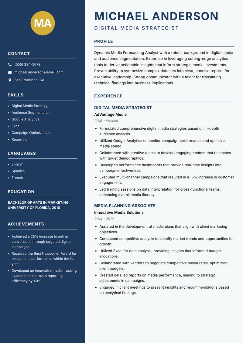 Media Forecasting Analyst resume template — Classic Clean