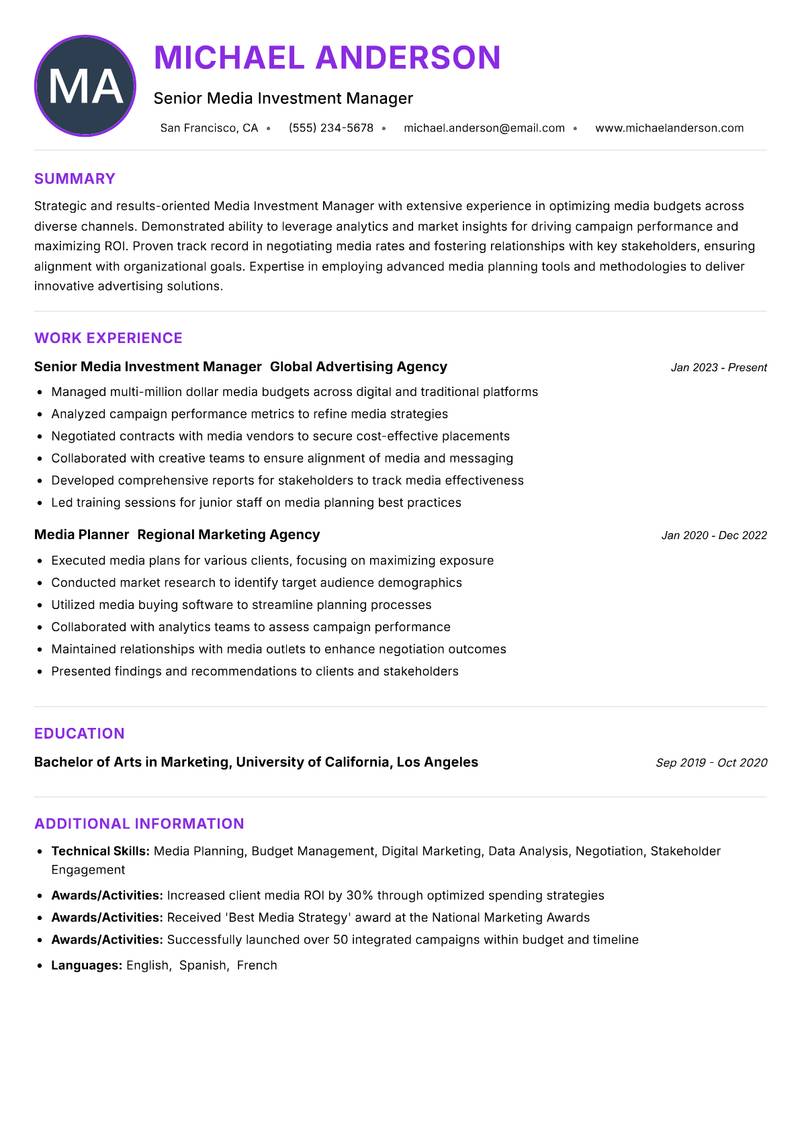 Media Investment Manager resume example — ATS-friendly template