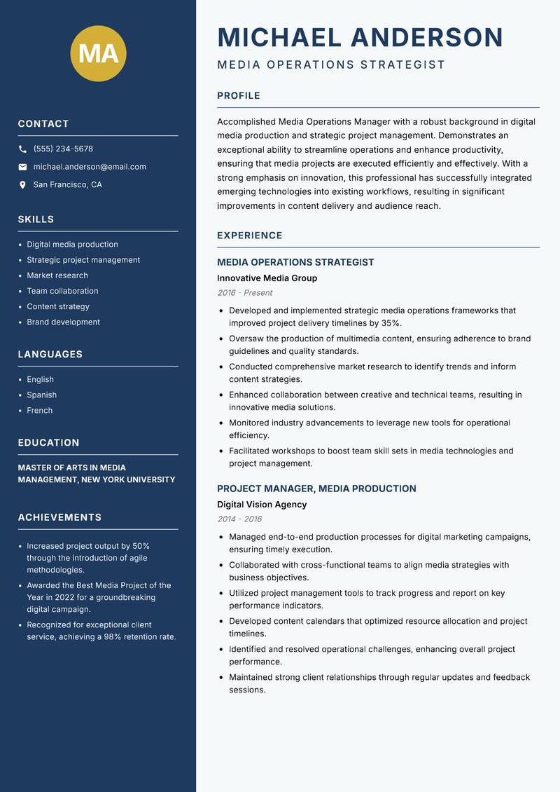 Media Operations Manager resume template — Classic Clean