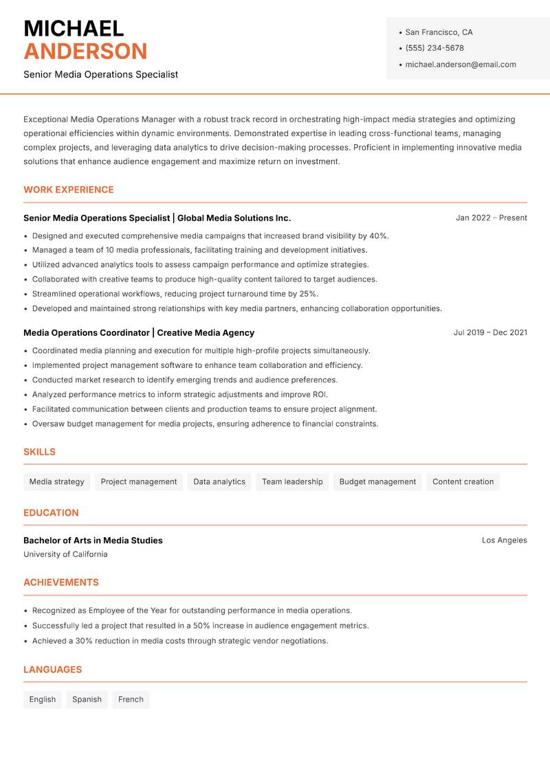 Media Operations Manager resume template — Modern Professional