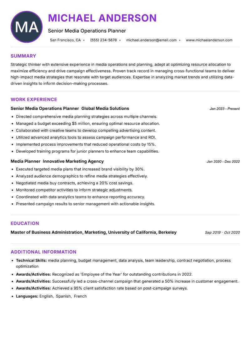 Media Operations Planner resume example — ATS-friendly template