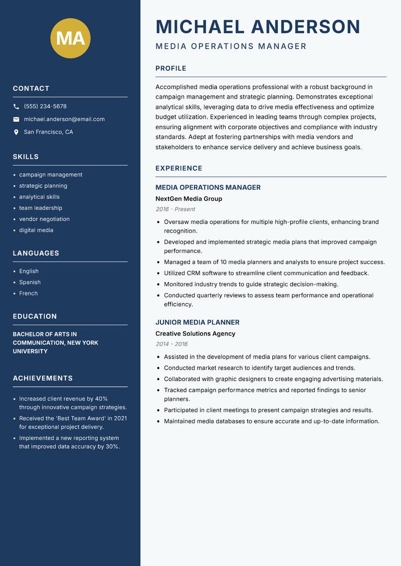 Media Operations Planner resume template — Classic Clean