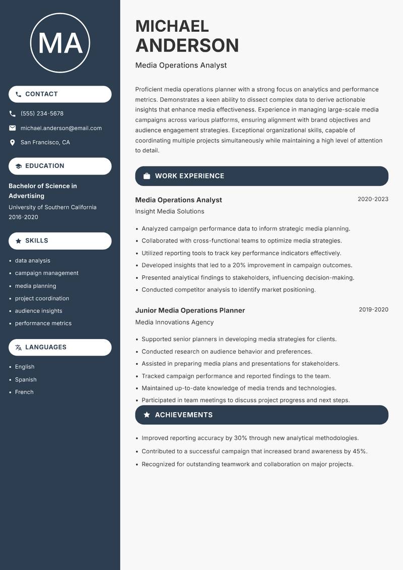 Media Operations Planner resume template — Compact