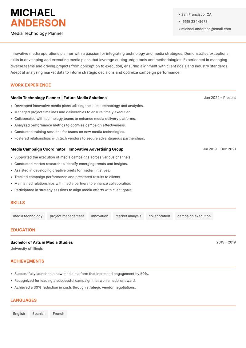 Media Operations Planner resume template — Modern Professional