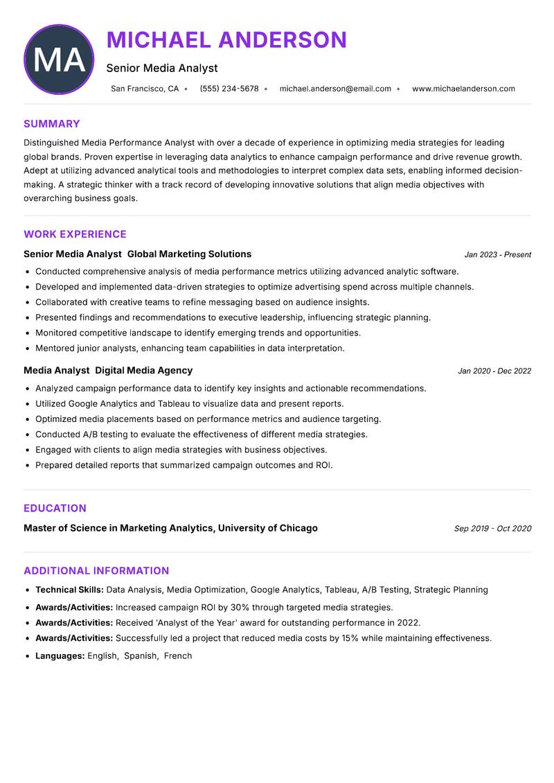 Media Performance Analyst resume example — ATS-friendly template