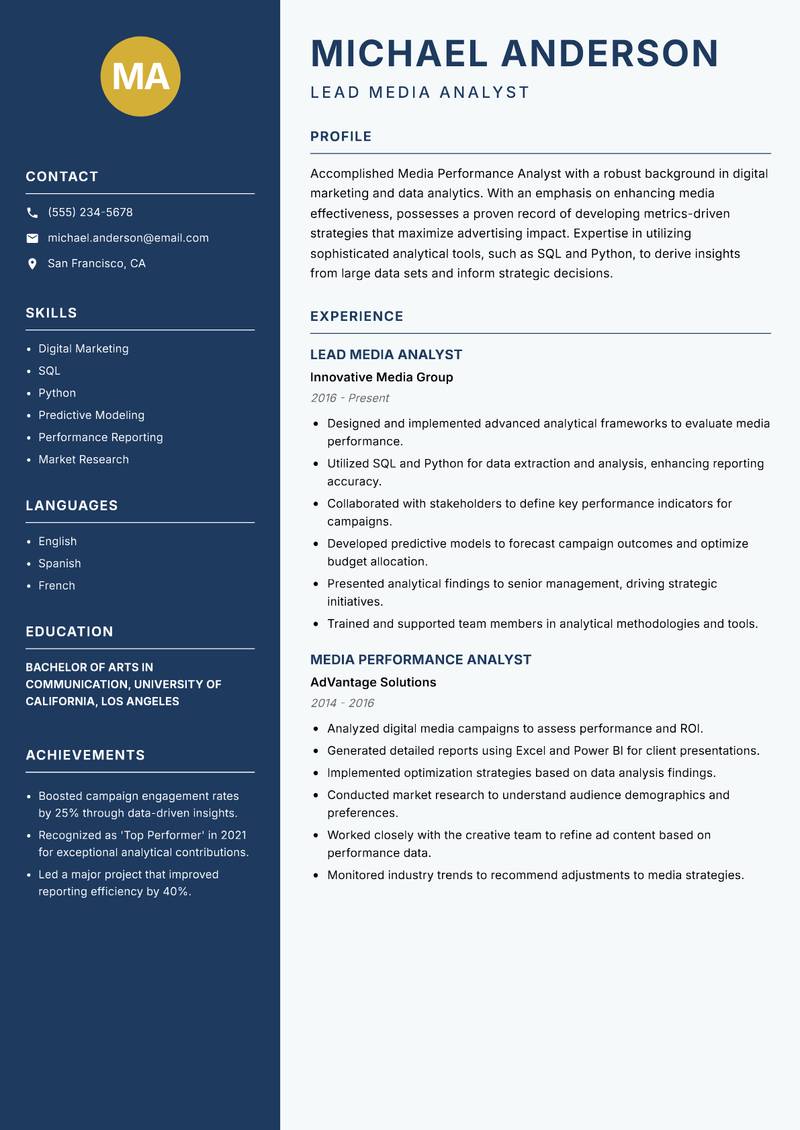 Media Performance Analyst resume template — Classic Clean