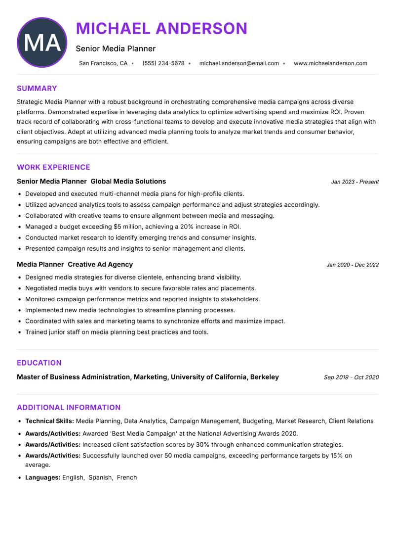 Media Planner resume example — ATS-friendly template