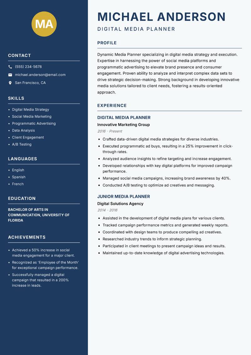 Media Planner resume template — Classic Clean