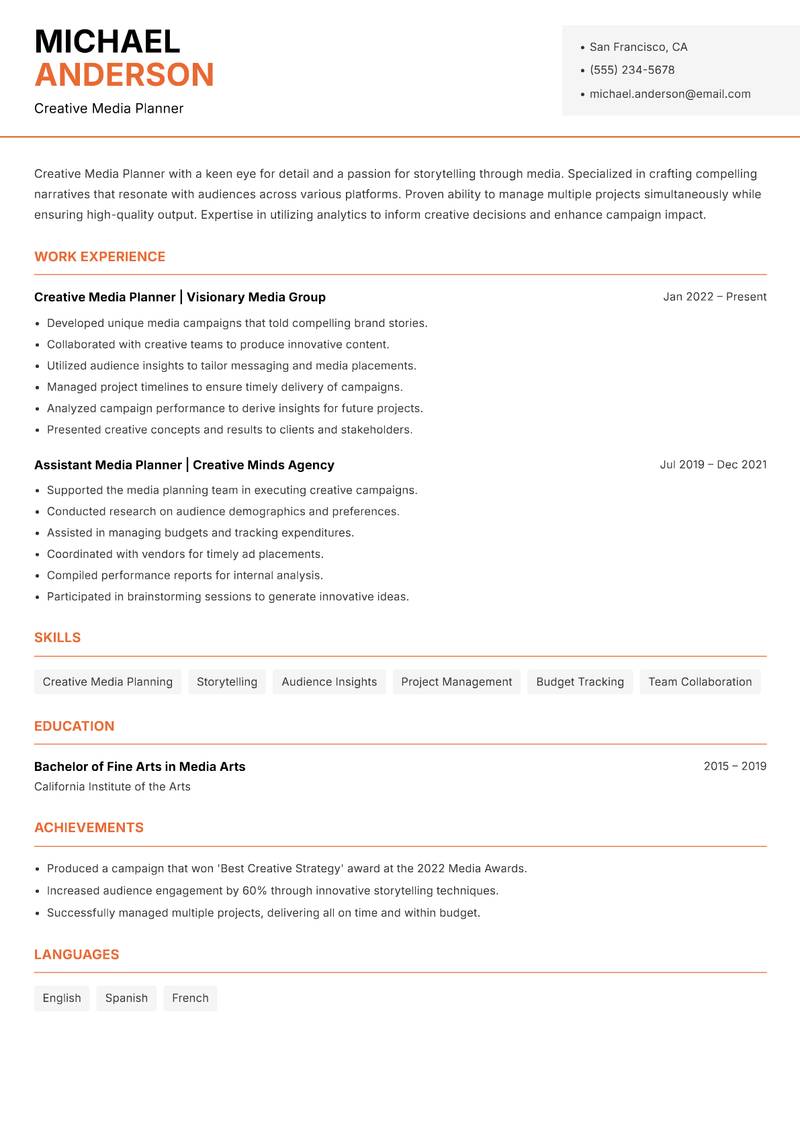 Media Planner resume template — Modern Professional
