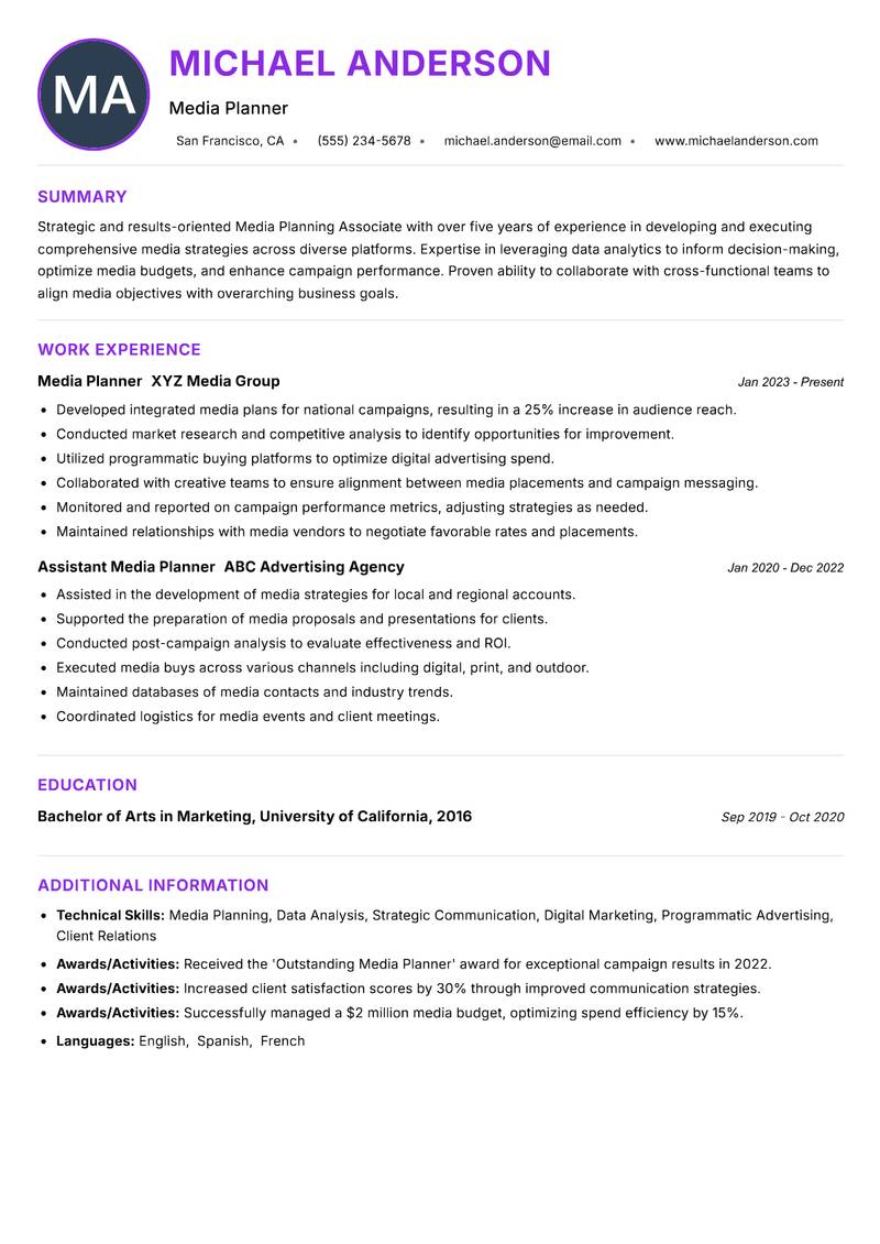 Media Planning Associate resume example — ATS-friendly template