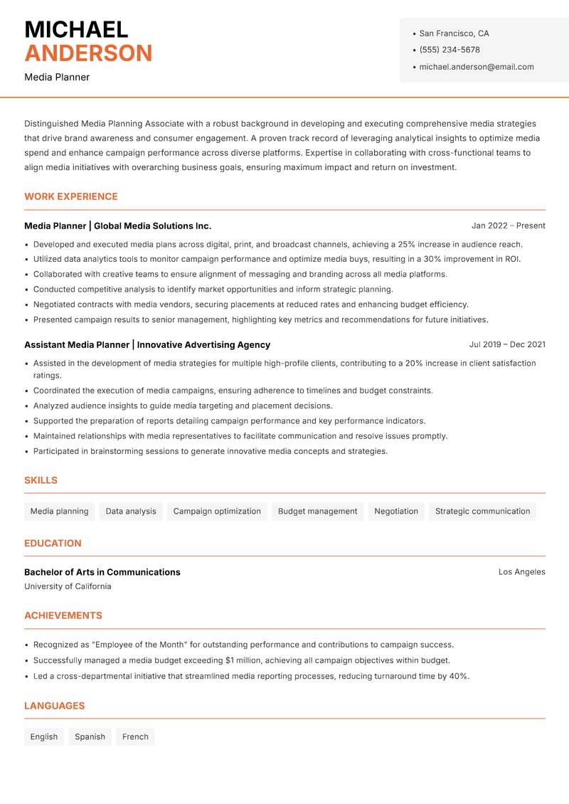 Media Planning Associate resume template — Modern Professional