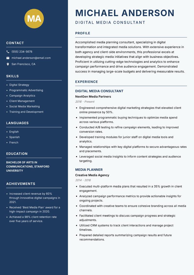 Media Planning Consultant resume template — Classic Clean
