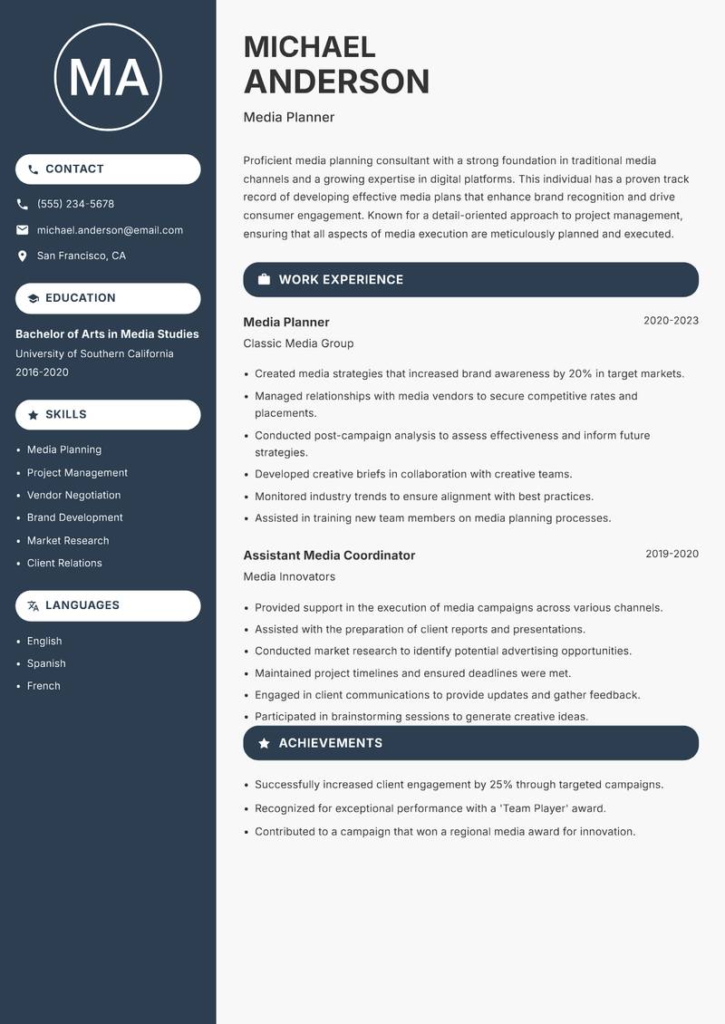 Media Planning Consultant resume template — Compact