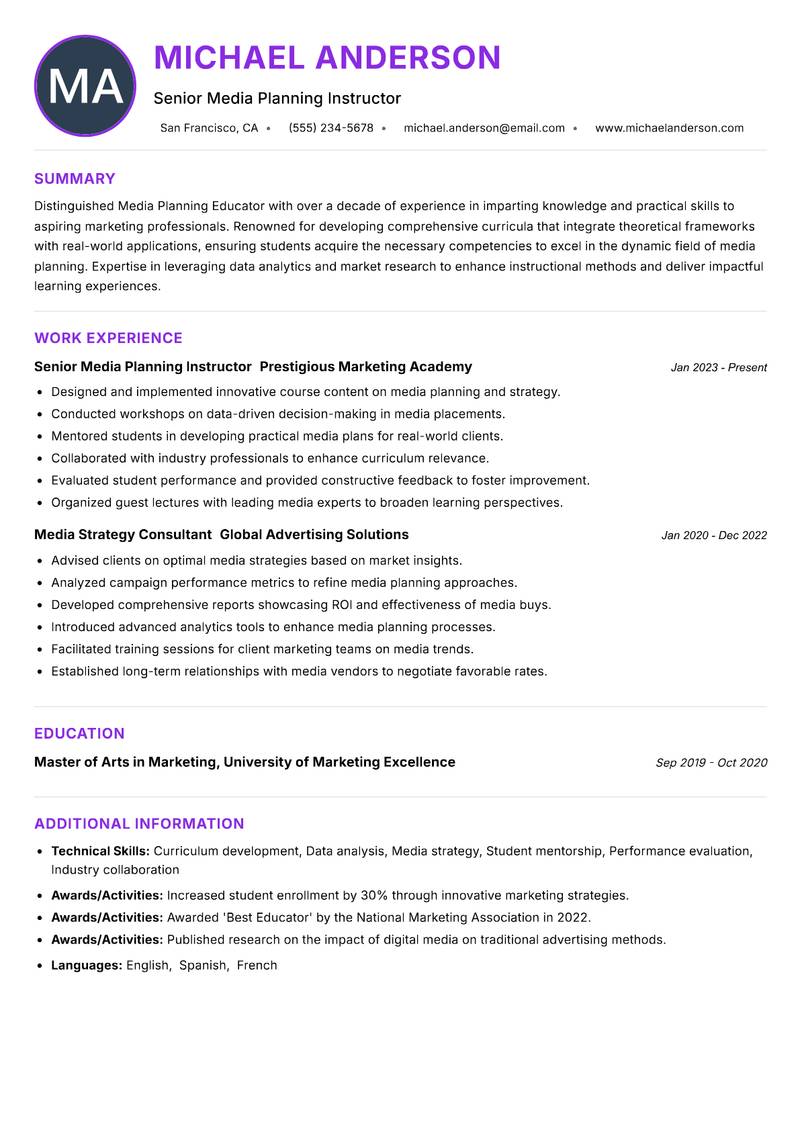 Media Planning Educator resume example — ATS-friendly template